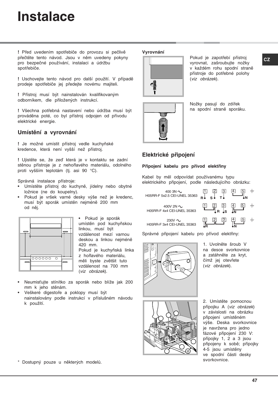 Instalace, Umístění a vyrovnání, Elektrické připojení | Hotpoint Ariston C 3 VP6 R/HA User Manual | Page 47 / 60