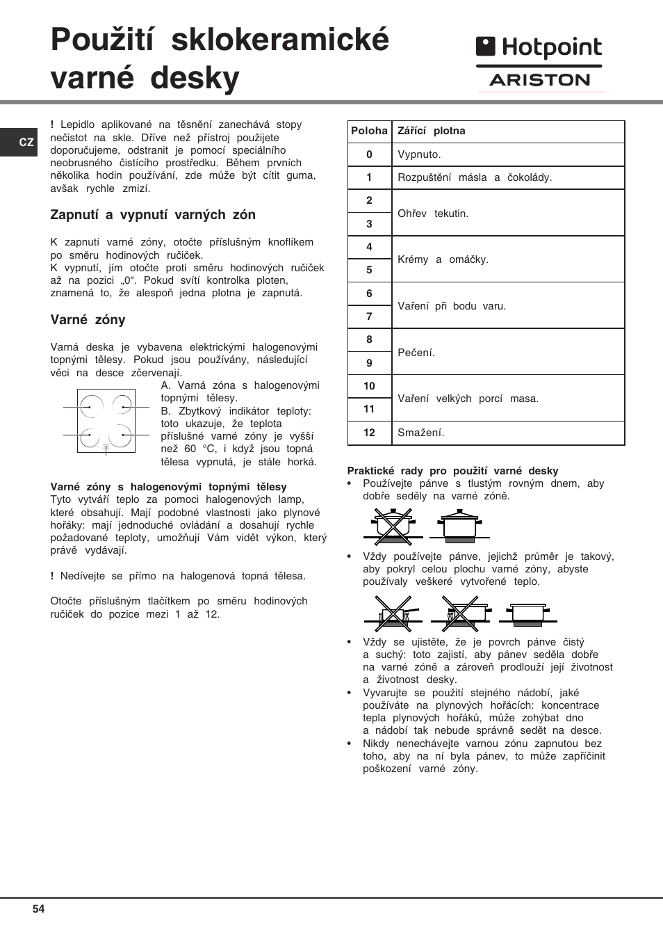 Použití sklokeramické varné desky, Zapnutí a vypnutí varných zón, Varné zóny | Hotpoint Ariston C 3 VP6 R/HA User Manual | Page 54 / 60