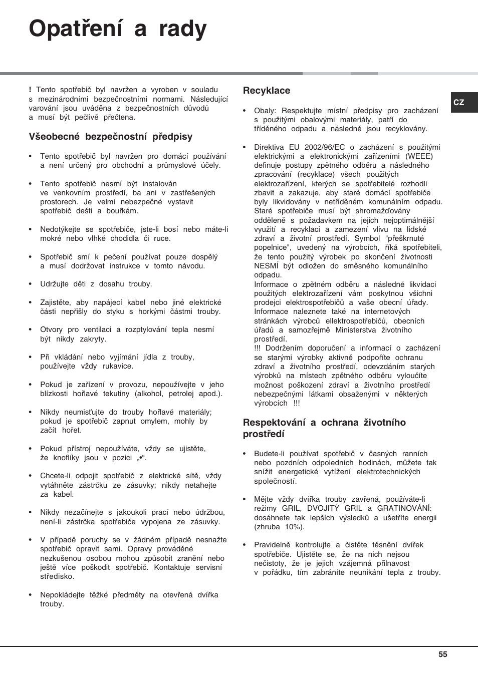 Opatření a rady | Hotpoint Ariston C 3 VP6 R/HA User Manual | Page 55 / 60