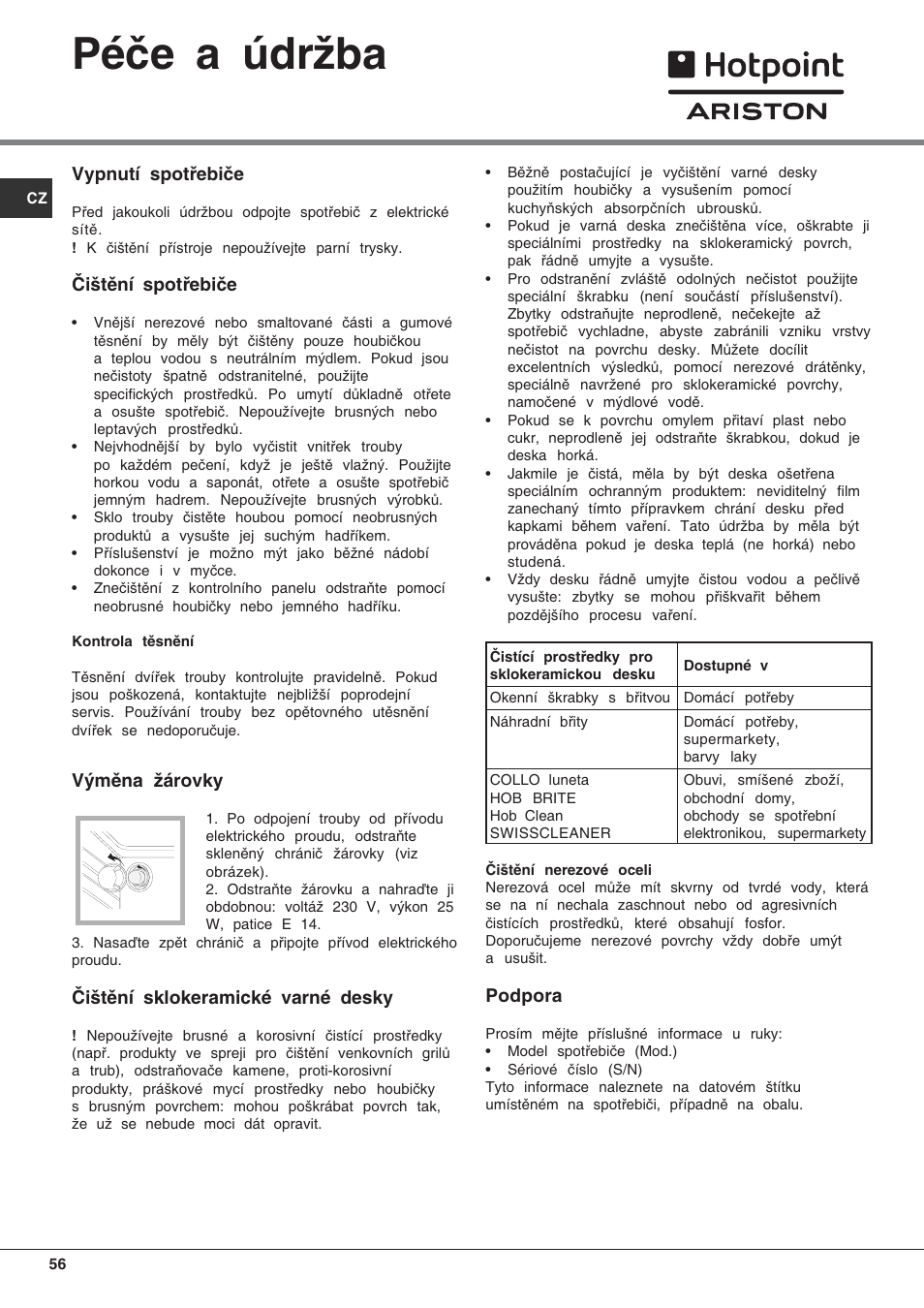 Péče a údržba | Hotpoint Ariston C 3 VP6 R/HA User Manual | Page 56 / 60