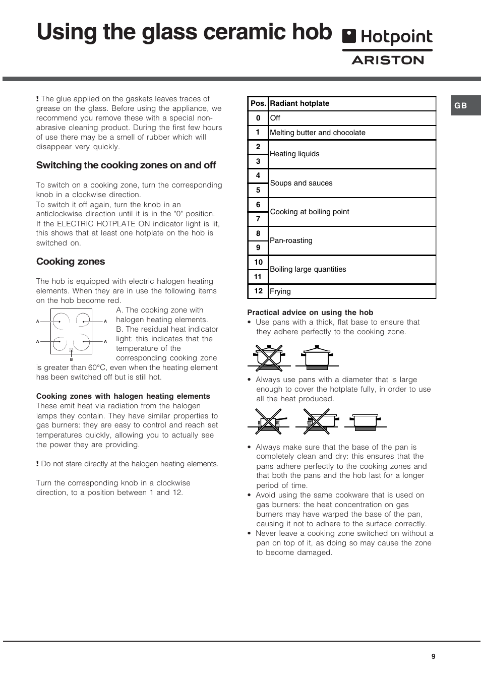 Using the glass ceramic hob, Switching the cooking zones on and off, Cooking zones | Hotpoint Ariston C 3 VP6 R/HA User Manual | Page 9 / 60