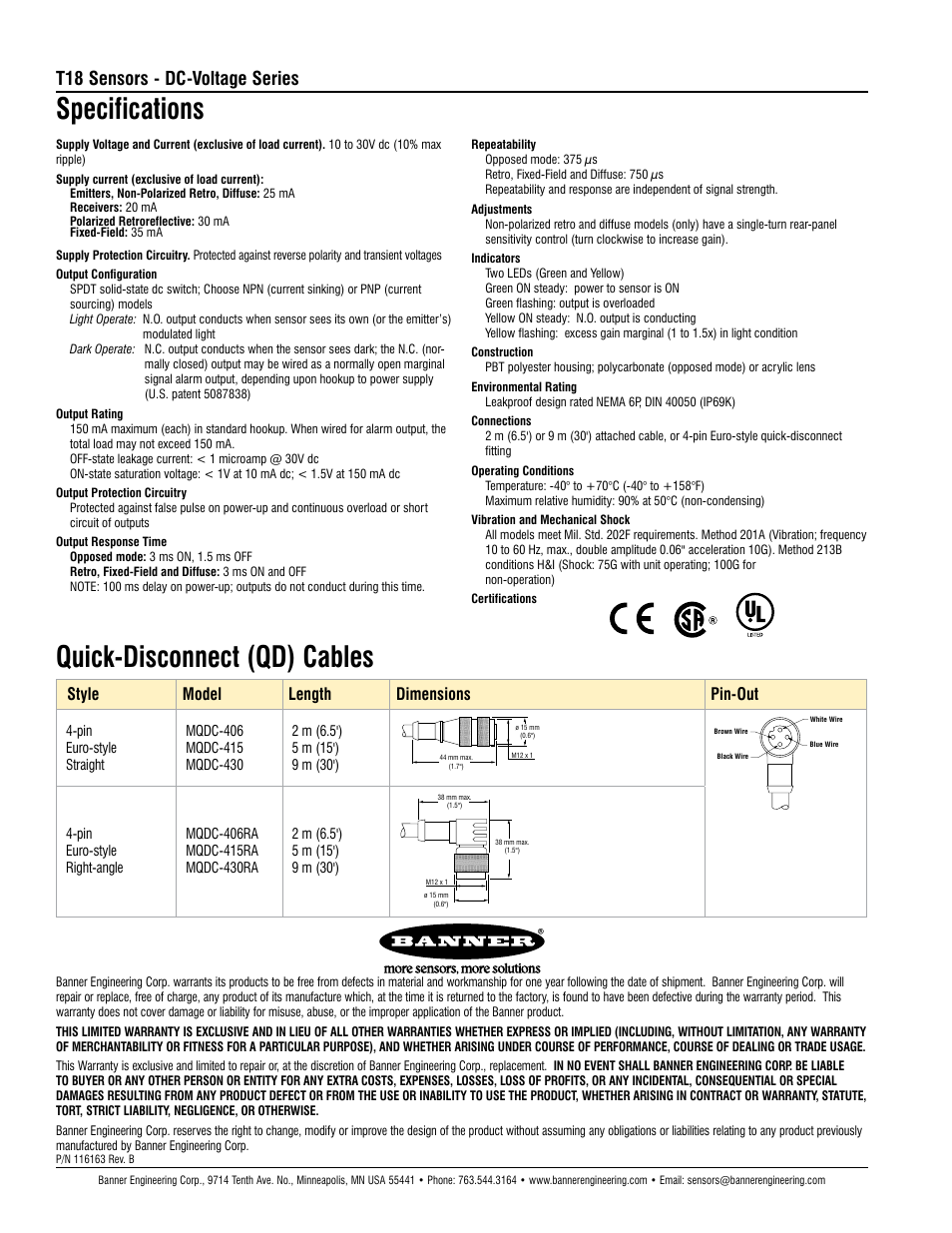 Specifications quick-disconnect (qd) cables, T18 sensors - dc-voltage series, Style model length dimensions pin-out | Banner T18 Series User Manual | Page 2 / 2
