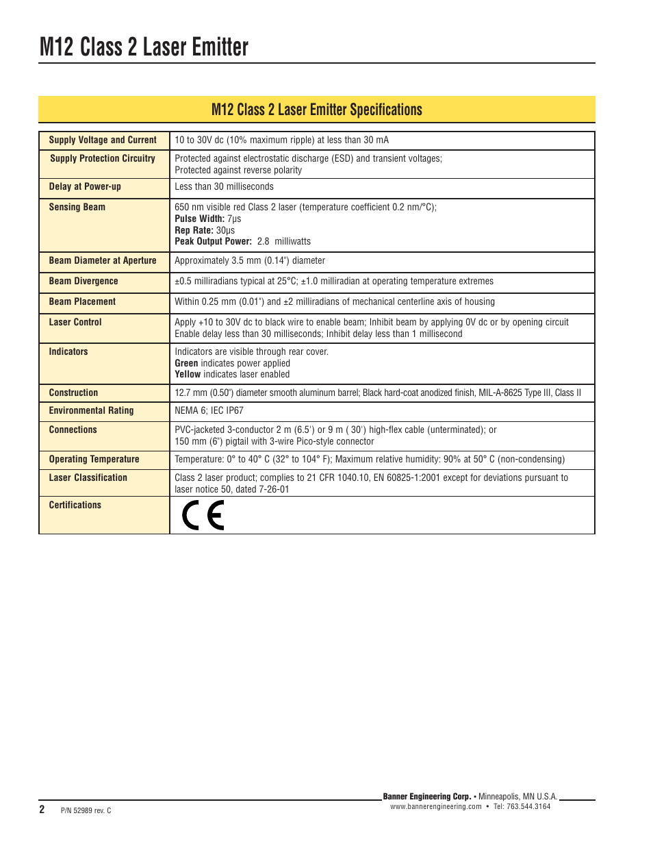 M12 class 2 laser emitter, M12 class 2 laser emitter specifications | Banner M12 Laser Emitters User Manual | Page 2 / 8