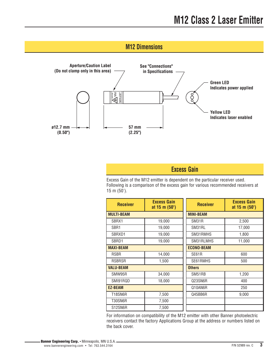 M12 class 2 laser emitter, M12 dimensions, Excess gain | Banner M12 Laser Emitters User Manual | Page 3 / 8