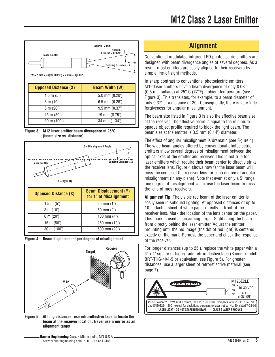 M12 class 2 laser emitter, Alignment | Banner M12 Laser Emitters User Manual | Page 5 / 8