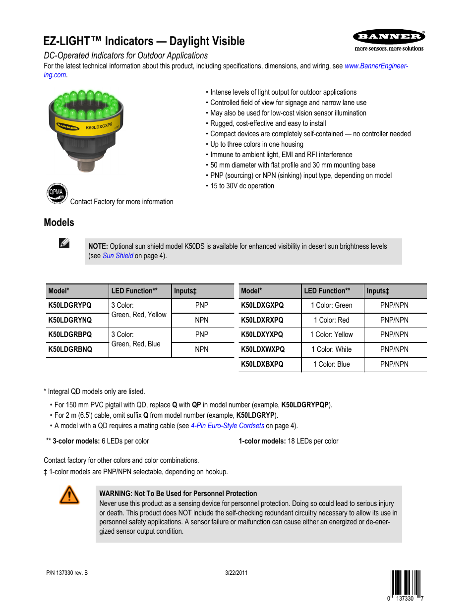 Banner K50L Independent Push Button Contact User Manual | 4 pages