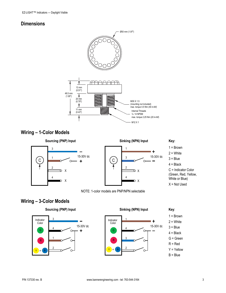 Dimensions, Wiring – 1-color models, Wiring – 3-color models | Banner K50L Independent Push Button Contact User Manual | Page 3 / 4