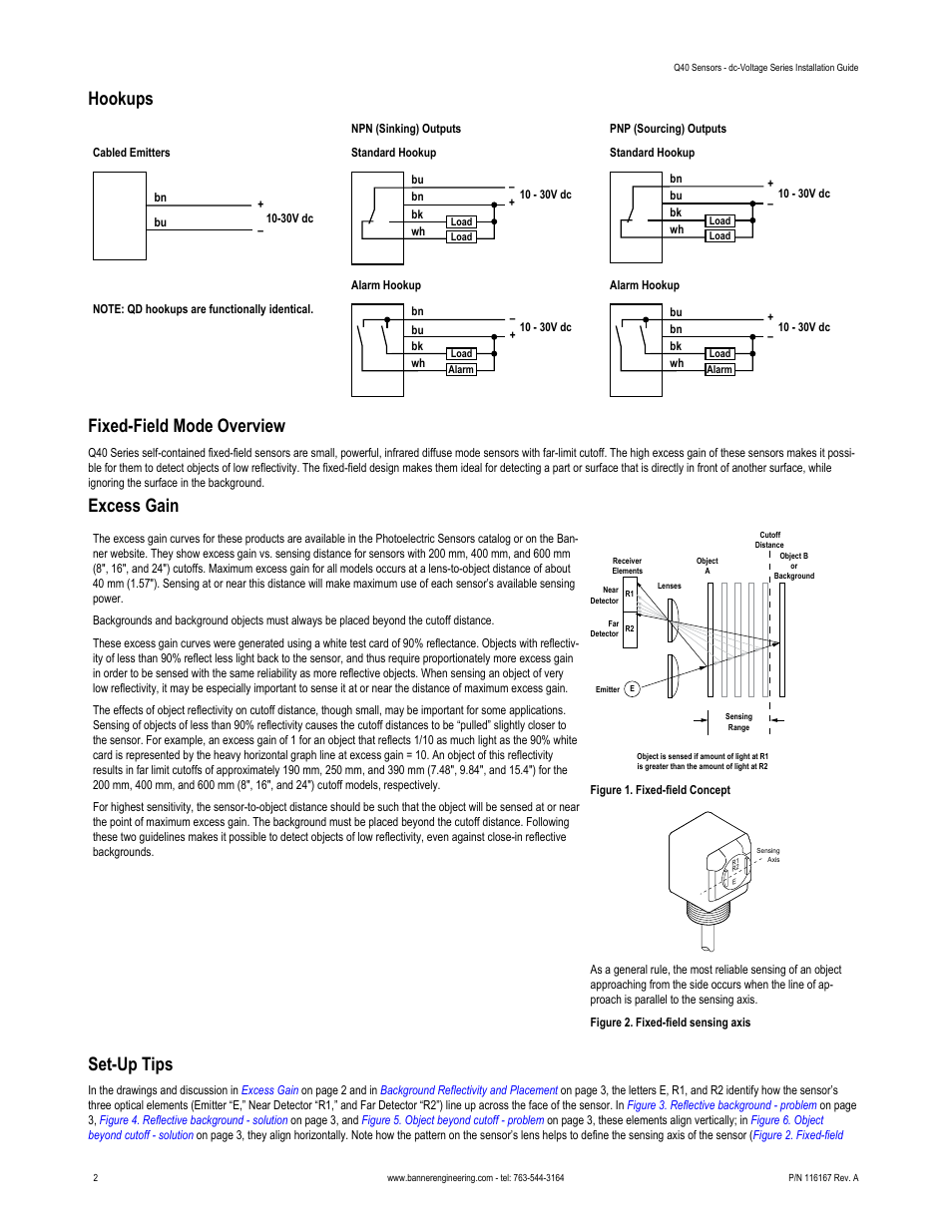 Hookups, Fixed-field mode overview, Excess gain | Set-up tips | Banner Q40 Series User Manual | Page 2 / 4