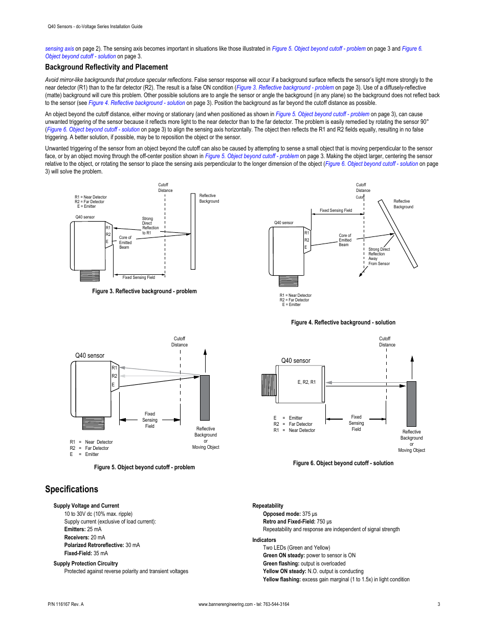 Specifications, 2 and in, Background reflectivity and placement | Figure 3. reflective background - problem, Figure 4. reflective background - solution, Figure 5. object beyond cutoff - problem, 3, these elements align vertically; in, Figure 6. object, Beyond cutoff - solution | Banner Q40 Series User Manual | Page 3 / 4