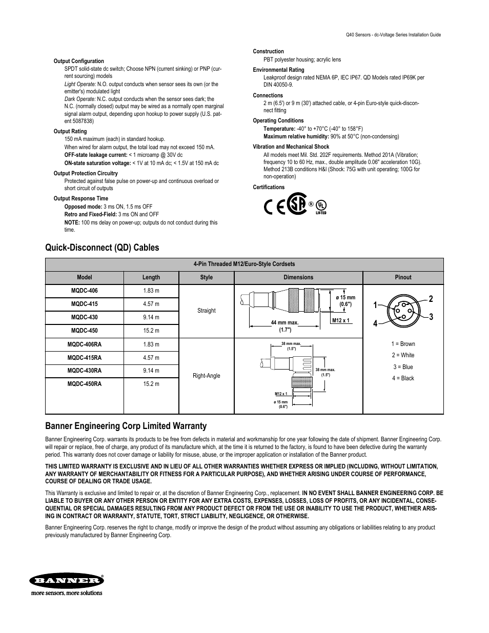 Quick-disconnect (qd) cables, Banner engineering corp limited warranty | Banner Q40 Series User Manual | Page 4 / 4