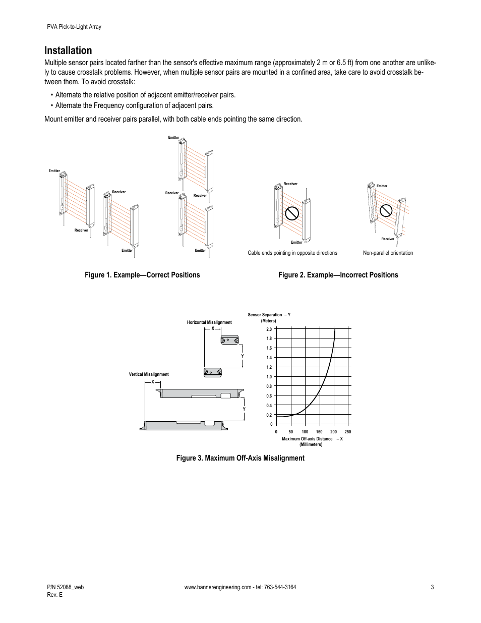 Installation, Figure 1. example—correct positions, Figure 2. example—incorrect positions | Figure 3. maximum off-axis misalignment | Banner PVA Pick-to-Lights User Manual | Page 3 / 10