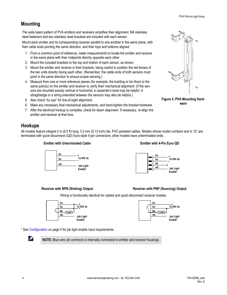Mounting, Hookups | Banner PVA Pick-to-Lights User Manual | Page 4 / 10