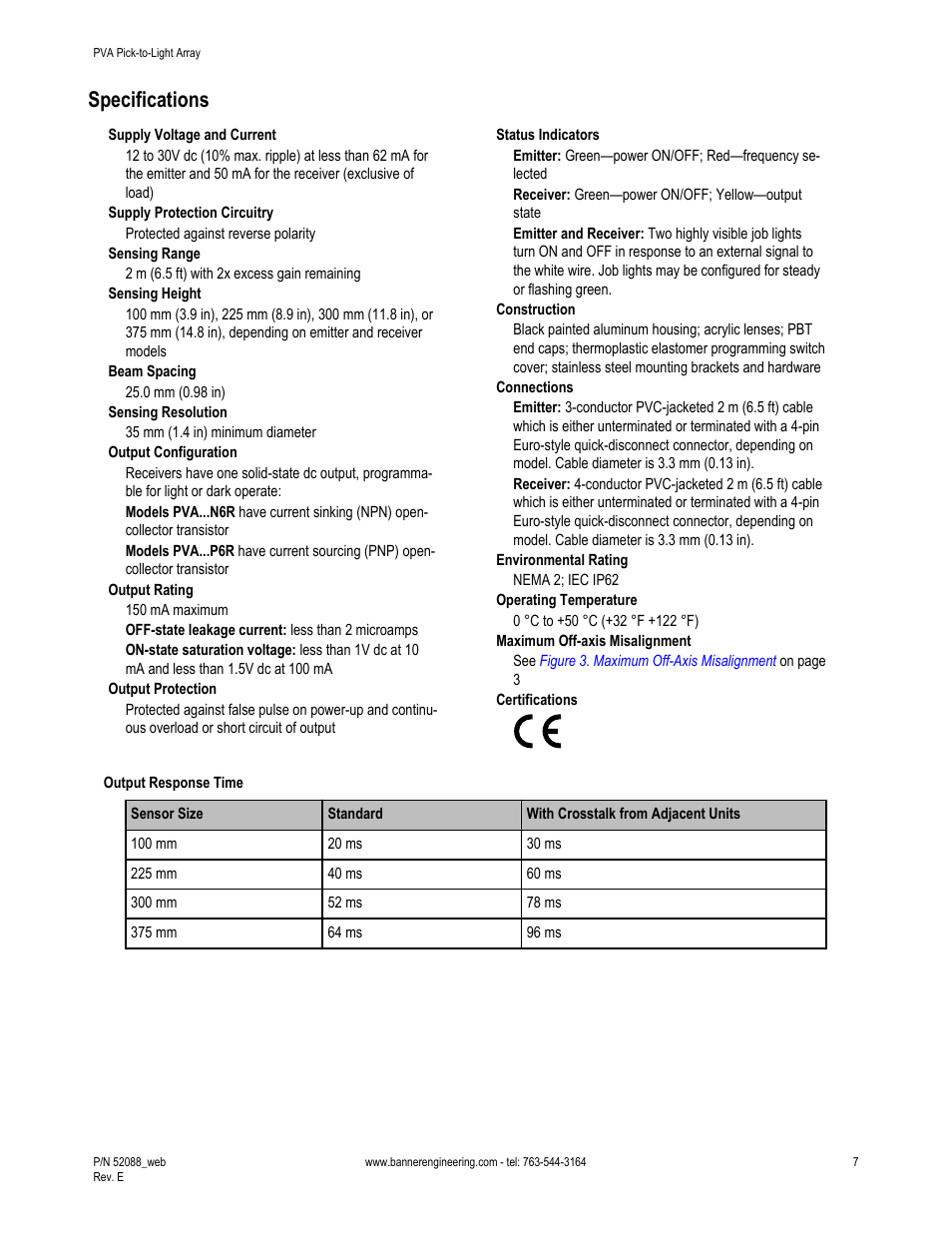 Specifications | Banner PVA Pick-to-Lights User Manual | Page 7 / 10