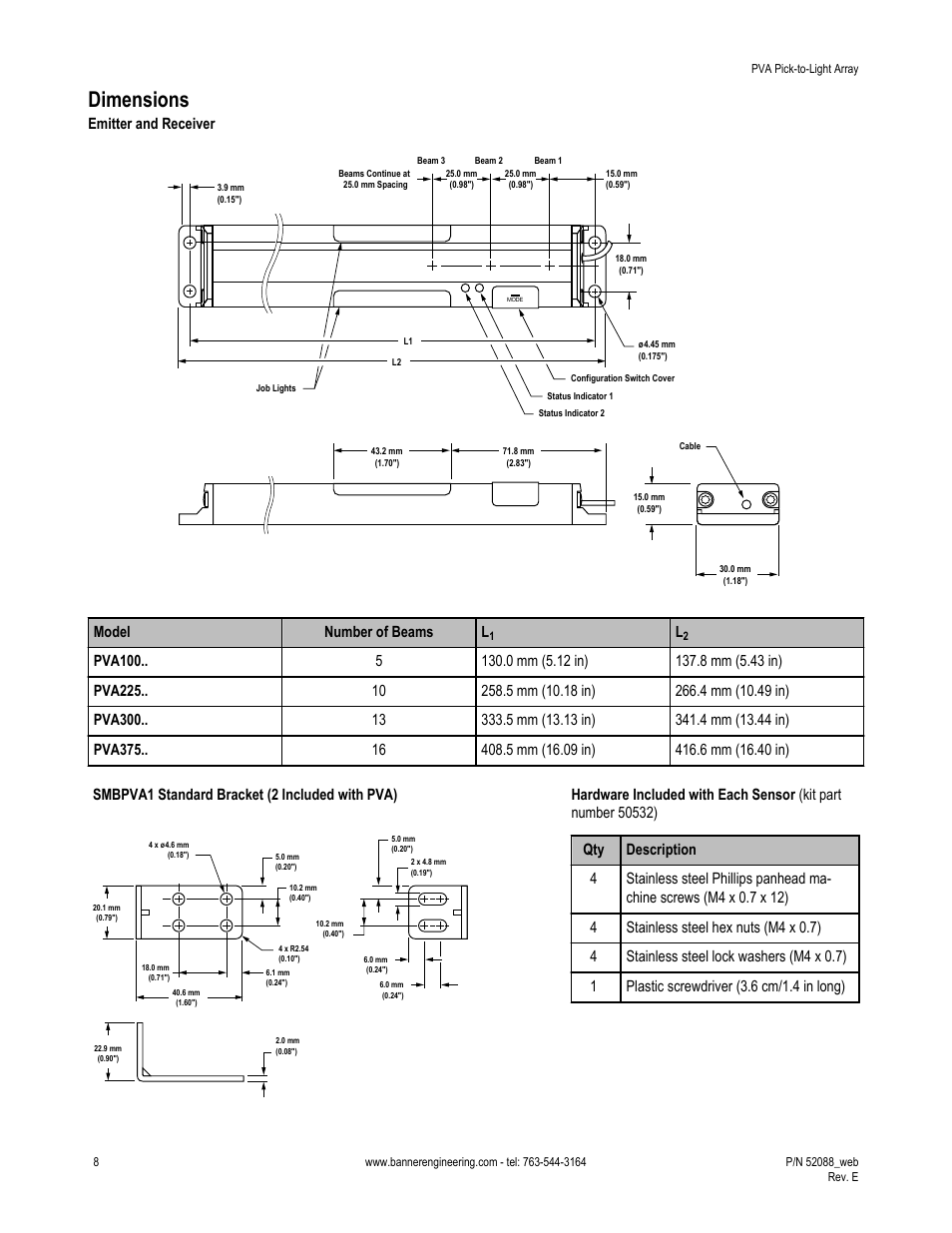Dimensions, Emitter and receiver, Smbpva1 standard bracket | Hardware included with each sensor, Model number of beams l | Banner PVA Pick-to-Lights User Manual | Page 8 / 10
