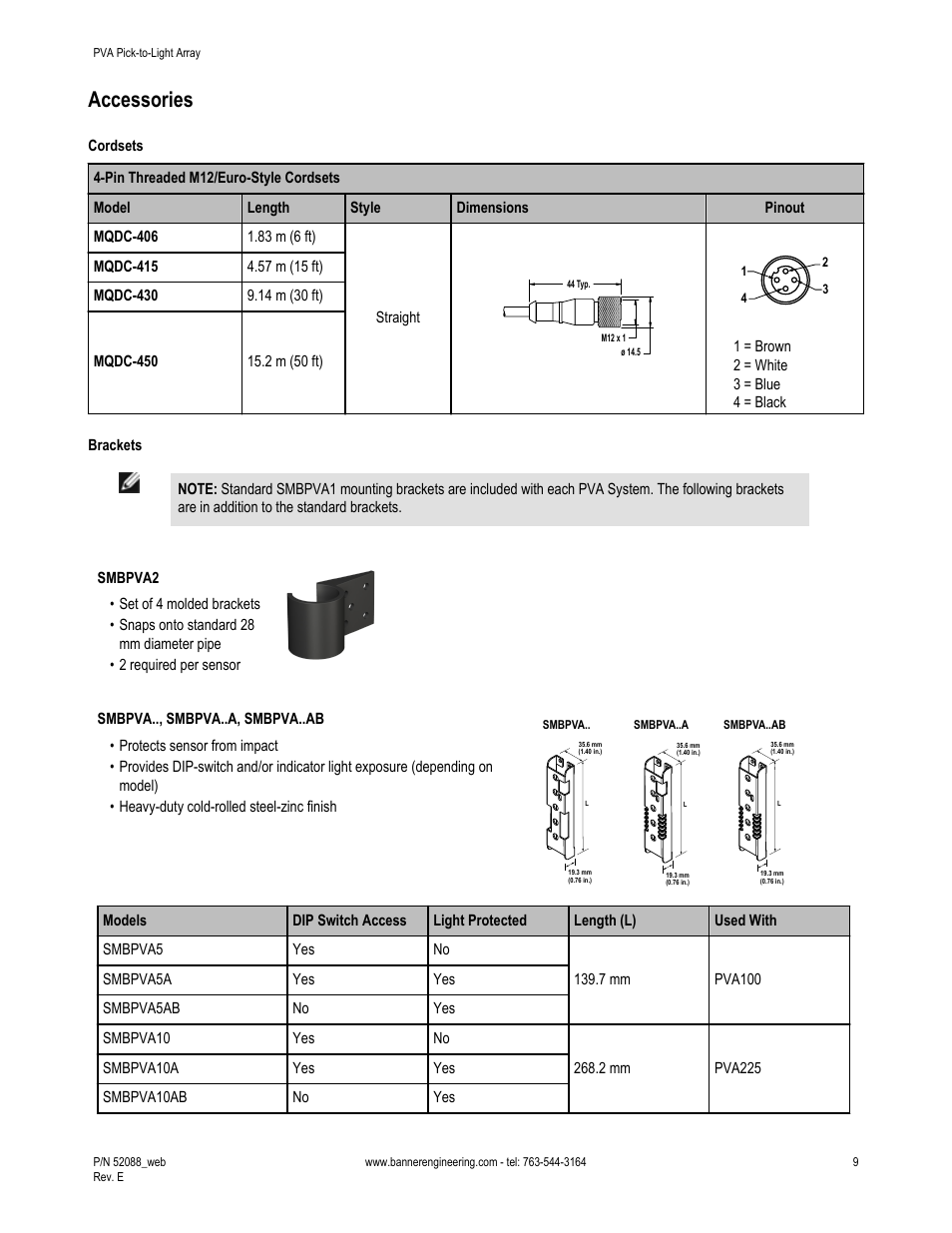 Accessories, Cordsets, Brackets | Banner PVA Pick-to-Lights User Manual | Page 9 / 10