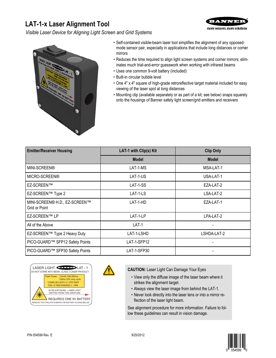 Banner LAT-1 Series Laser Alignment Tools User Manual | 3 pages