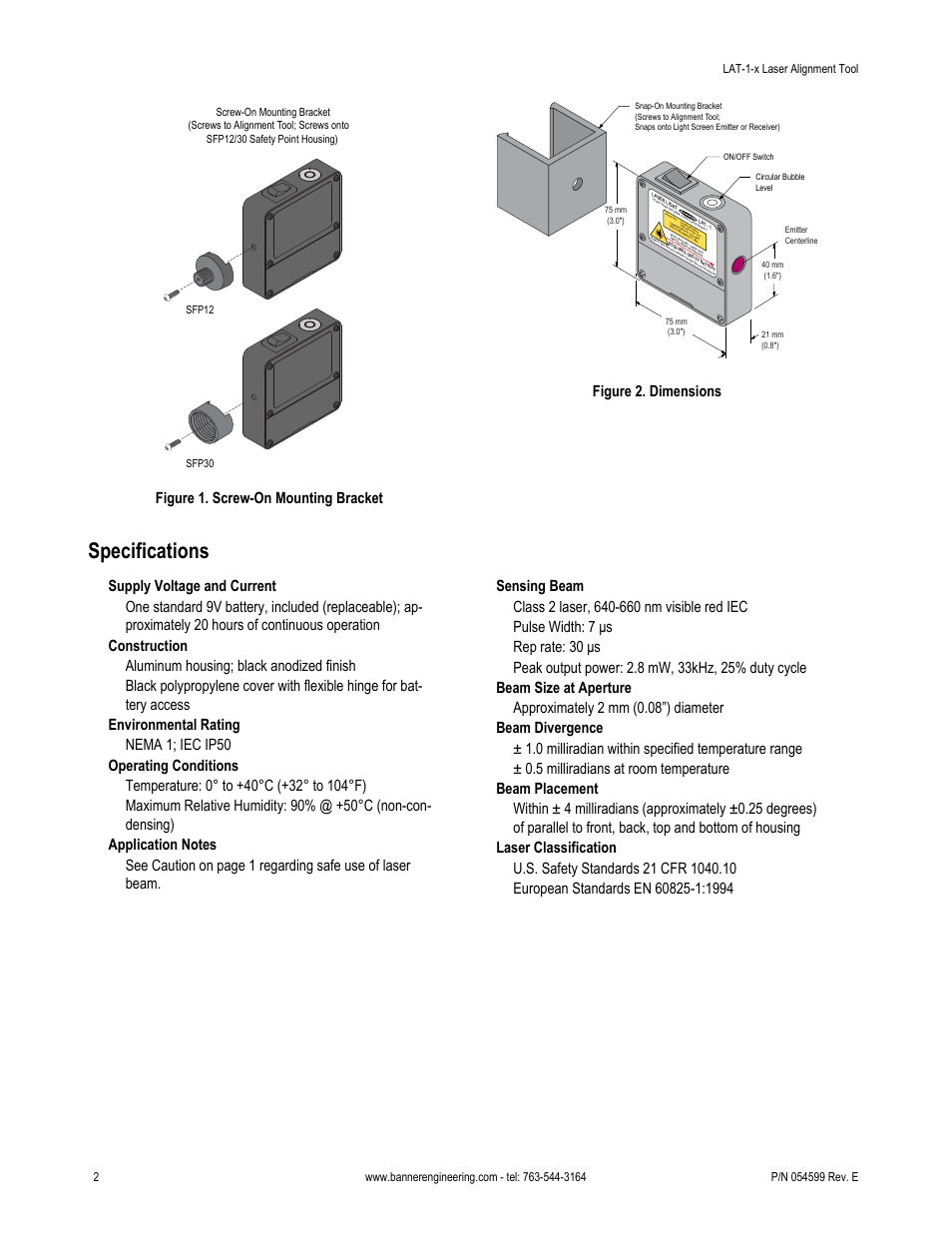 Specifications, Figure 1. screw-on mounting bracket, Figure 2. dimensions | Banner LAT-1 Series Laser Alignment Tools User Manual | Page 2 / 3