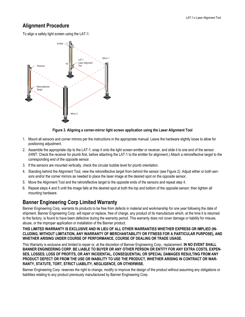 Alignment procedure, Banner engineering corp limited warranty | Banner LAT-1 Series Laser Alignment Tools User Manual | Page 3 / 3