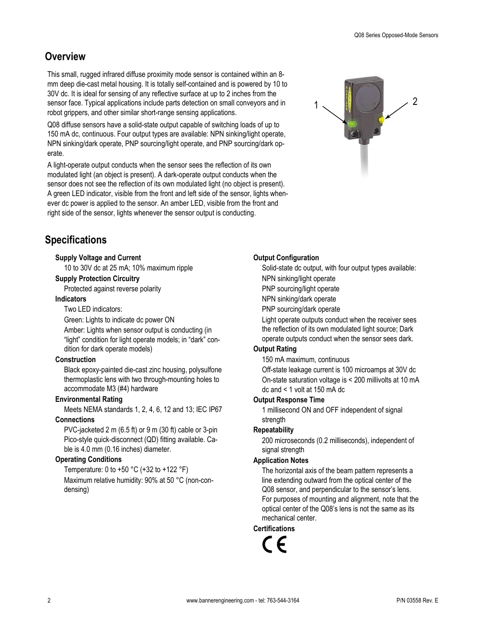 Overview, Specifications | Banner Q08 Series User Manual | Page 2 / 4