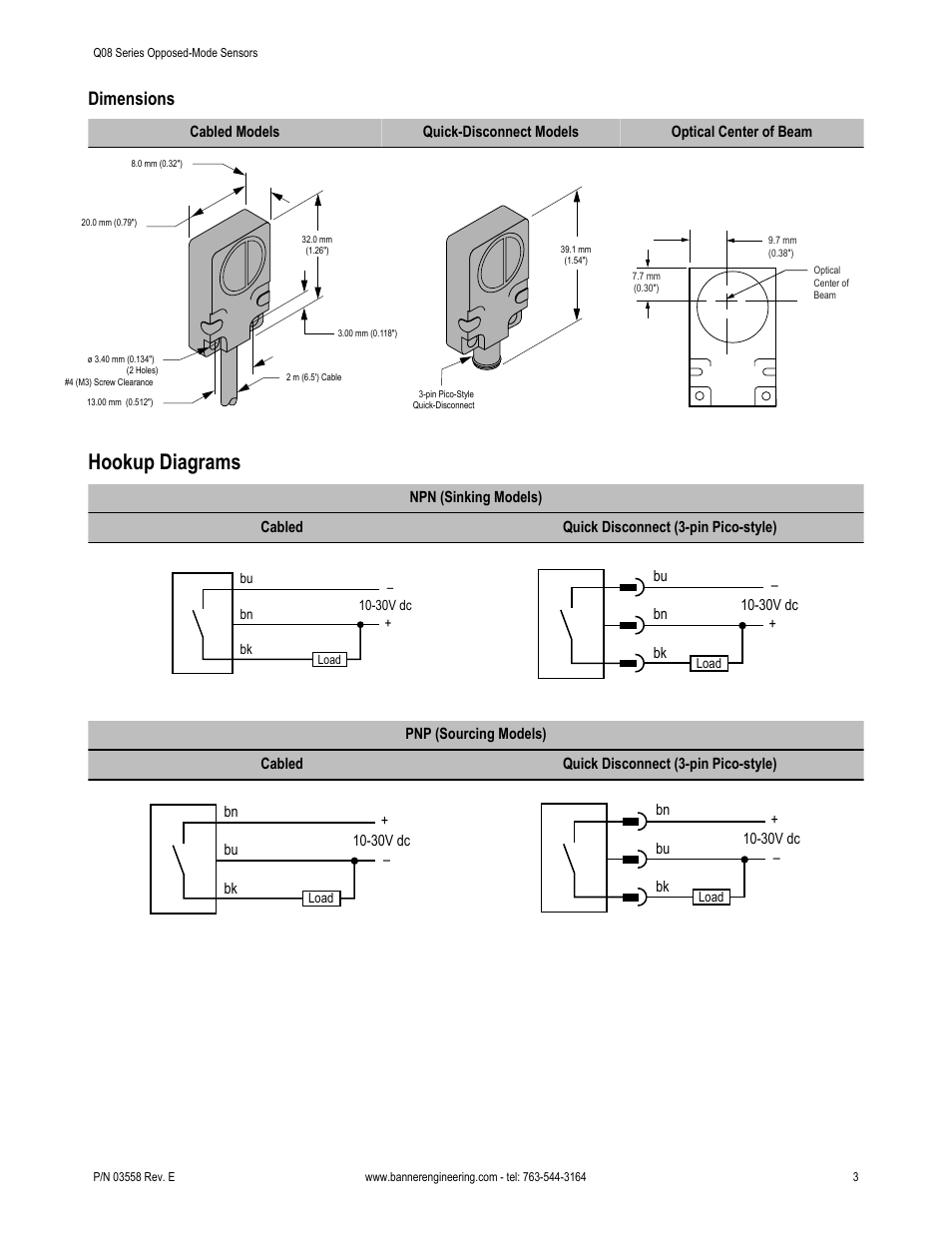 Hookup diagrams, Dimensions | Banner Q08 Series User Manual | Page 3 / 4