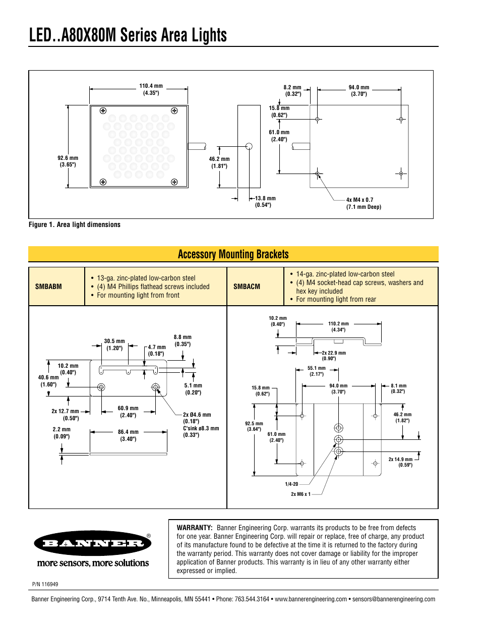 Led..a80x80m series area lights, Accessory mounting brackets | Banner PresencePLUS Lighting User Manual | Page 2 / 2