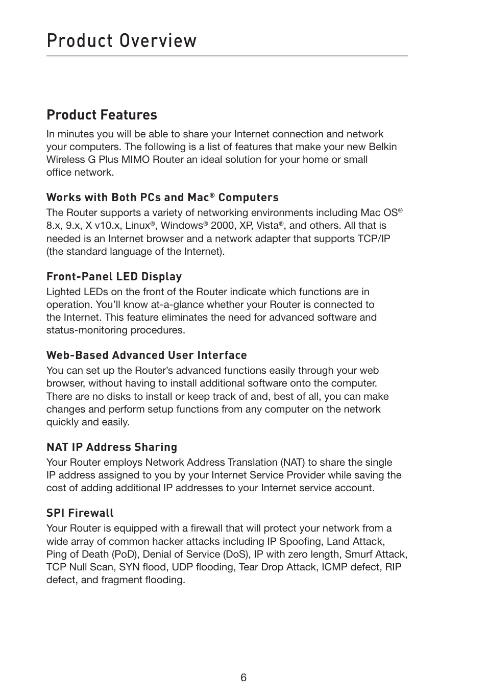 Product overview, Product features | Belkin Wireless G Plus MIMO Router F5D9230-4 User Manual | Page 10 / 120