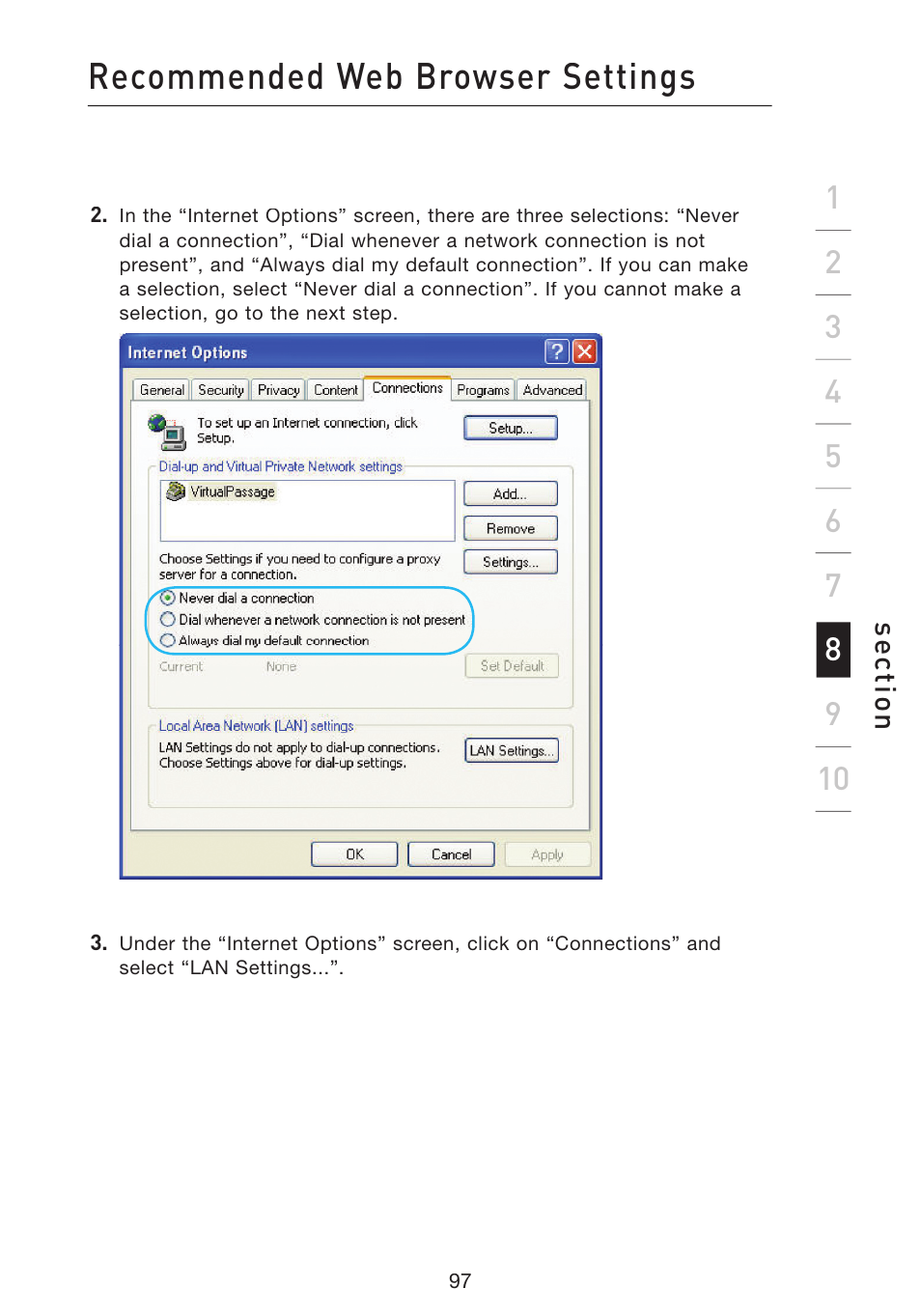 Recommended web browser settings | Belkin Wireless G Plus MIMO Router F5D9230-4 User Manual | Page 101 / 120
