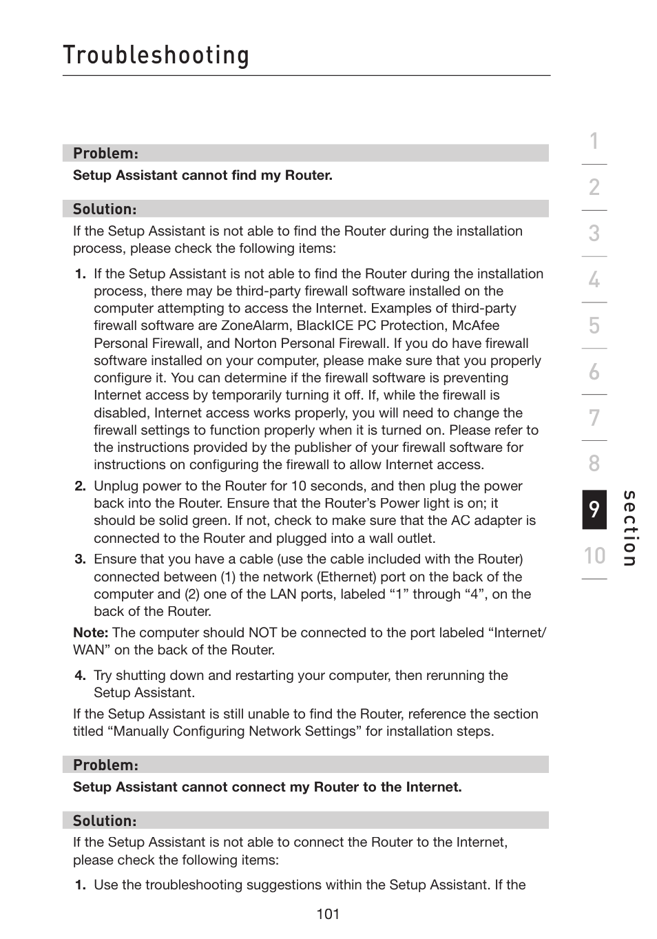 Troubleshooting, Se ct io n | Belkin Wireless G Plus MIMO Router F5D9230-4 User Manual | Page 105 / 120