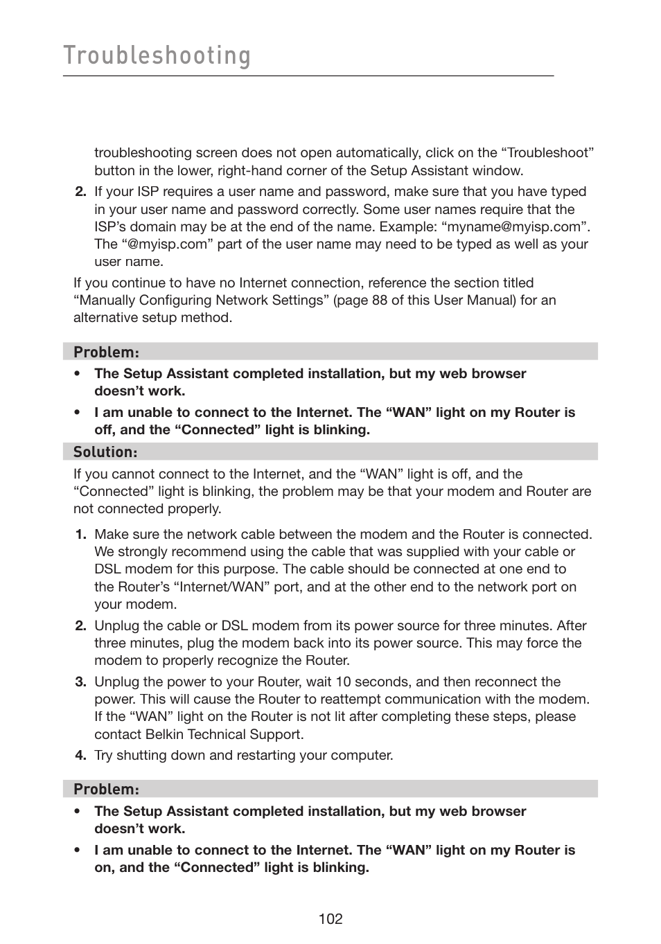 Troubleshooting | Belkin Wireless G Plus MIMO Router F5D9230-4 User Manual | Page 106 / 120