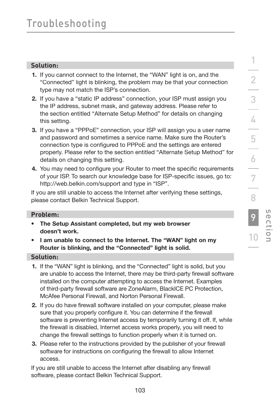 Troubleshooting, Se ct io n | Belkin Wireless G Plus MIMO Router F5D9230-4 User Manual | Page 107 / 120