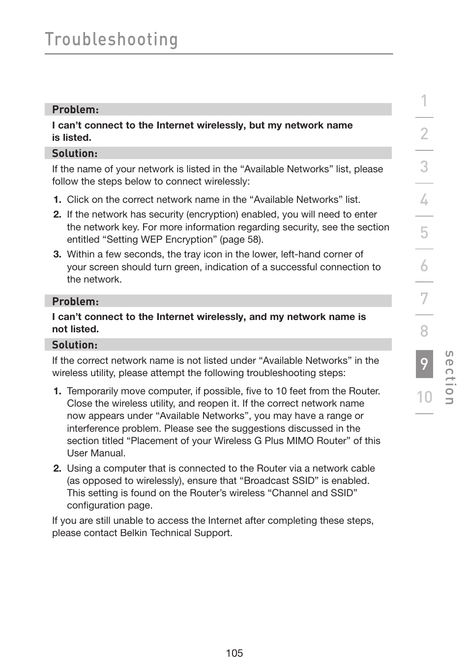 Troubleshooting, Se ct io n | Belkin Wireless G Plus MIMO Router F5D9230-4 User Manual | Page 109 / 120