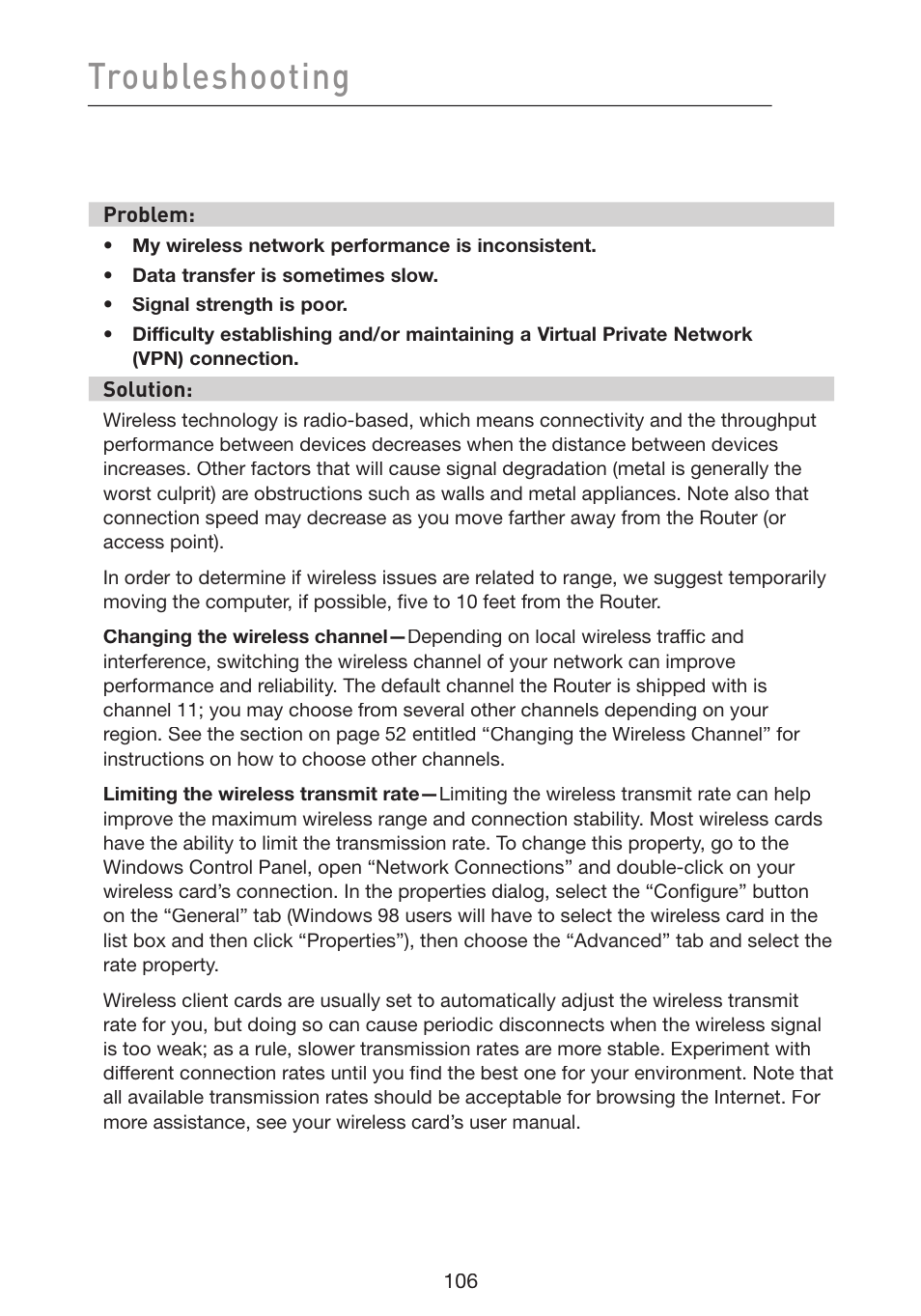 Troubleshooting | Belkin Wireless G Plus MIMO Router F5D9230-4 User Manual | Page 110 / 120