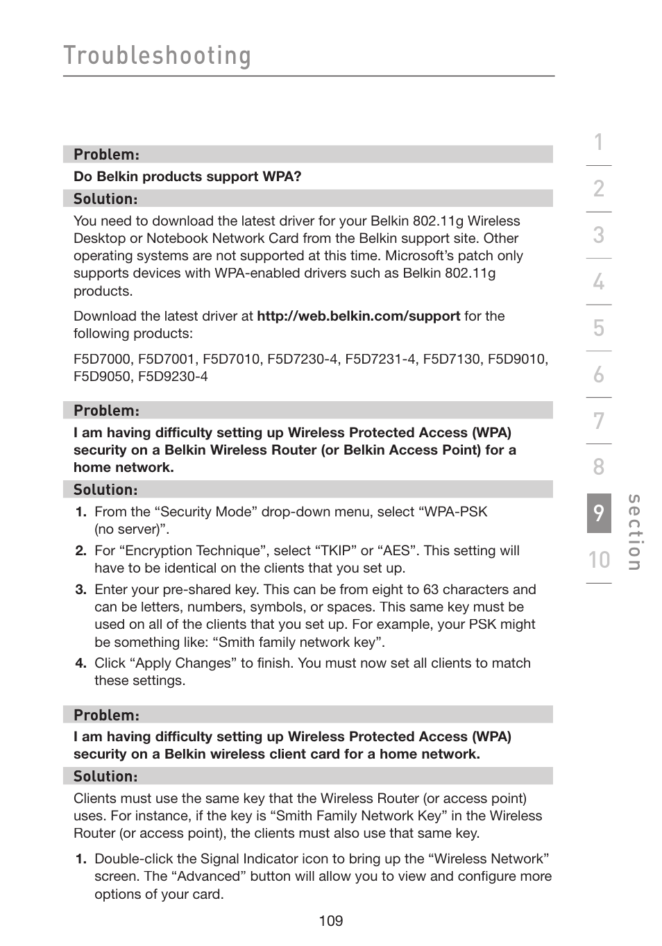 Troubleshooting, Se ct io n | Belkin Wireless G Plus MIMO Router F5D9230-4 User Manual | Page 113 / 120