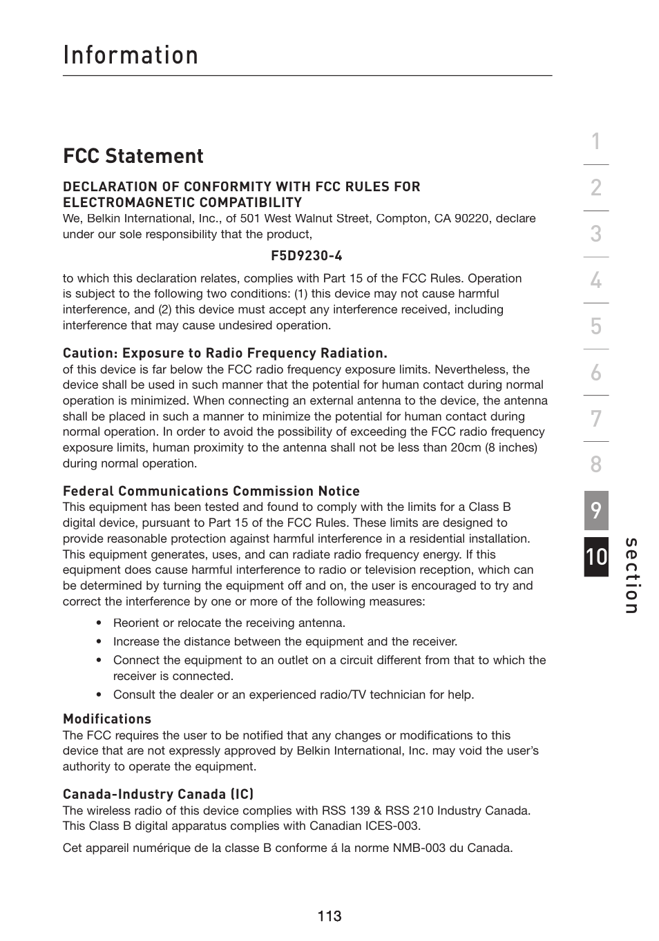 Information, Se ct io n, Fcc statement | Belkin Wireless G Plus MIMO Router F5D9230-4 User Manual | Page 117 / 120