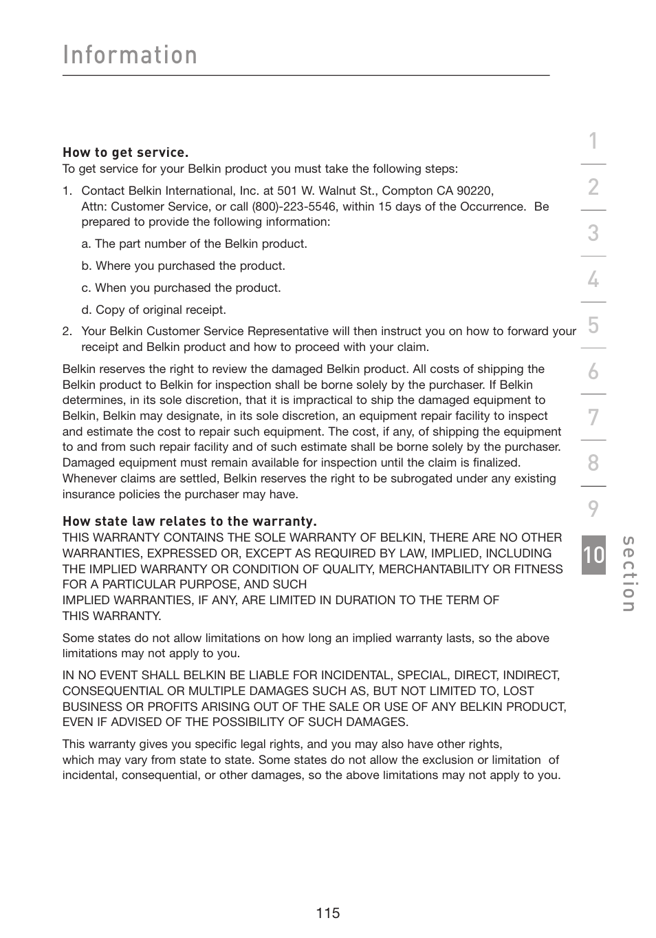 Information, Se ct io n | Belkin Wireless G Plus MIMO Router F5D9230-4 User Manual | Page 119 / 120