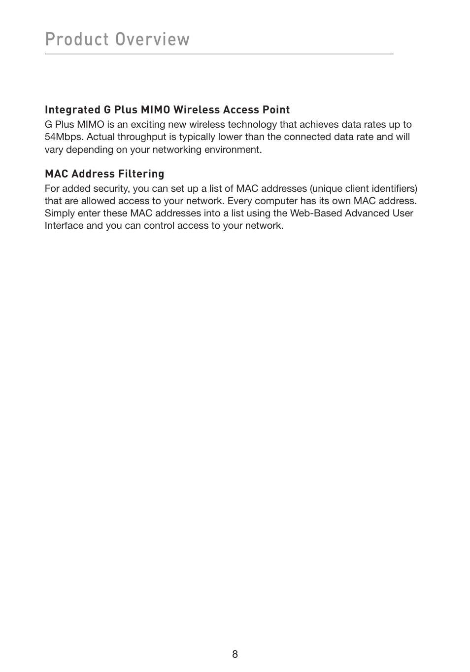 Product overview | Belkin Wireless G Plus MIMO Router F5D9230-4 User Manual | Page 12 / 120