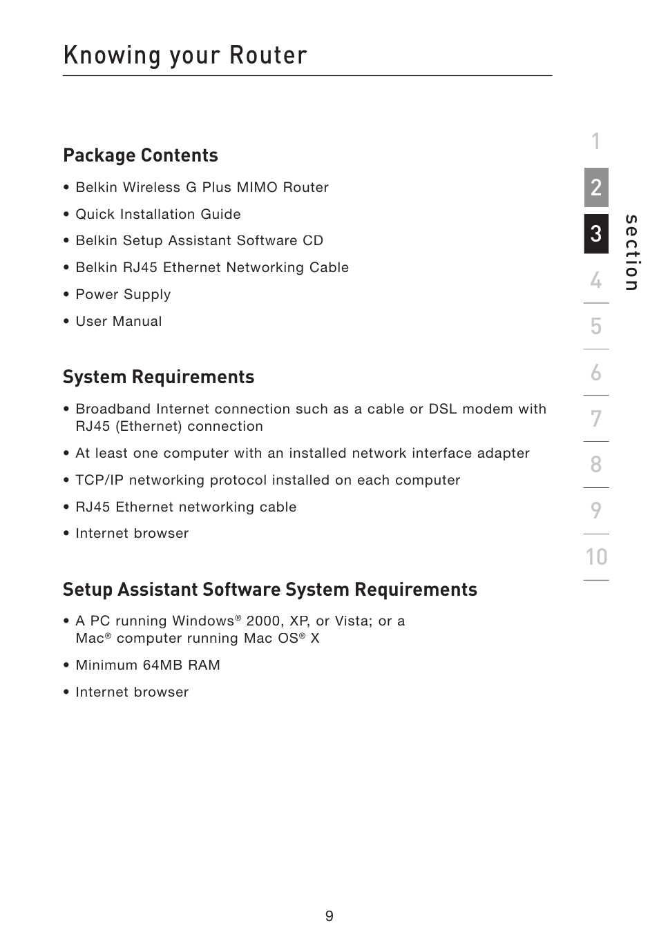Knowing your router, Se ct io n | Belkin Wireless G Plus MIMO Router F5D9230-4 User Manual | Page 13 / 120