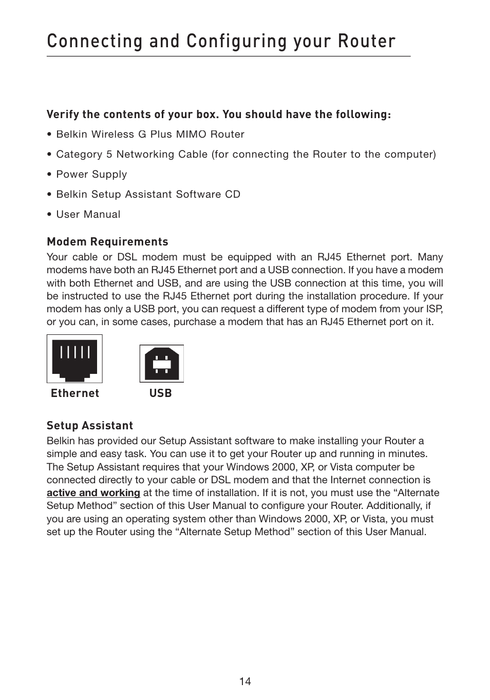 Connecting and configuring your router | Belkin Wireless G Plus MIMO Router F5D9230-4 User Manual | Page 18 / 120