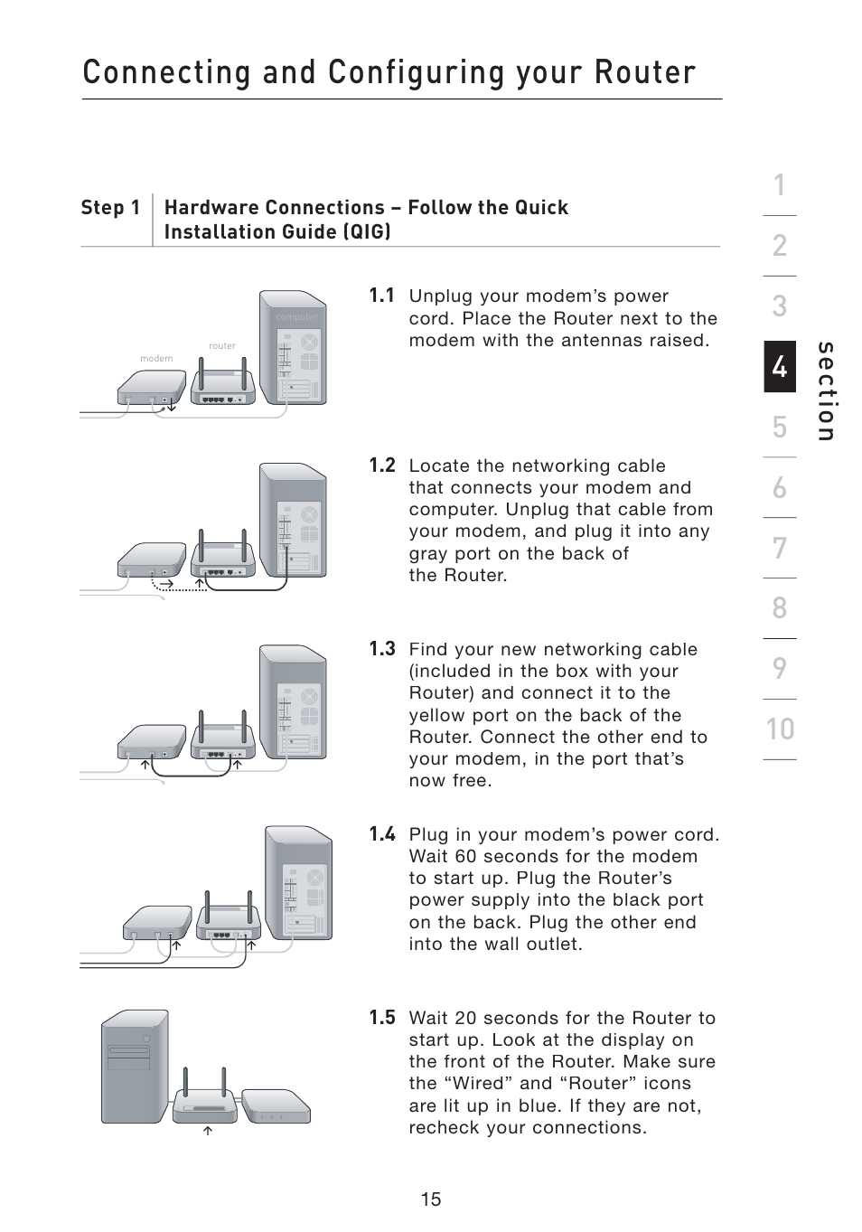 Connecting and configuring your router, Se ct io n | Belkin Wireless G Plus MIMO Router F5D9230-4 User Manual | Page 19 / 120