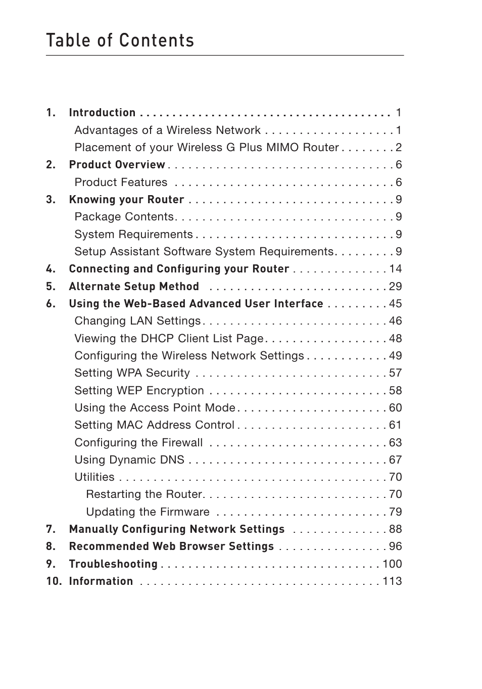 Belkin Wireless G Plus MIMO Router F5D9230-4 User Manual | Page 3 / 120