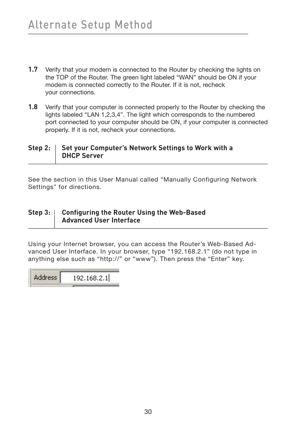 Alternate setup method | Belkin Wireless G Plus MIMO Router F5D9230-4 User Manual | Page 34 / 120
