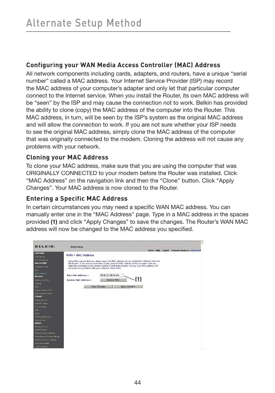 Alternate setup method | Belkin Wireless G Plus MIMO Router F5D9230-4 User Manual | Page 48 / 120