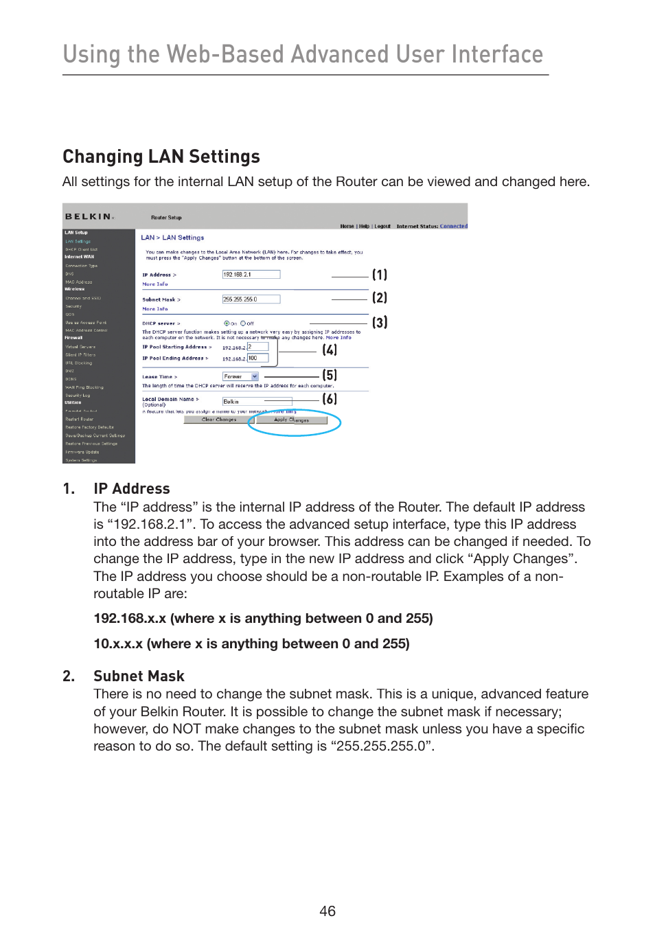 Using the web-based advanced user interface, Changing lan settings | Belkin Wireless G Plus MIMO Router F5D9230-4 User Manual | Page 50 / 120