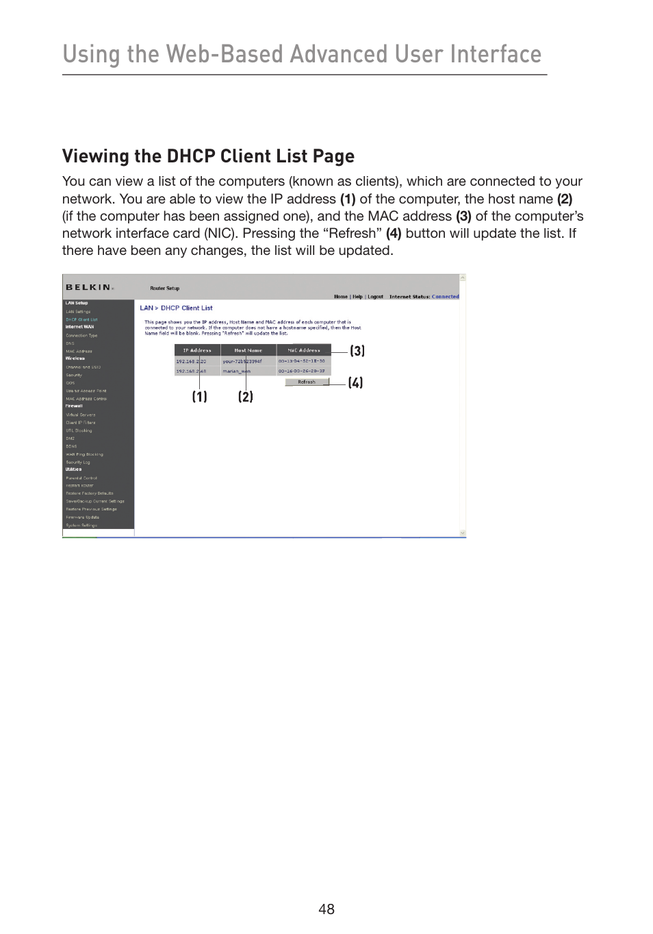 Using the web-based advanced user interface, Viewing the dhcp client list page | Belkin Wireless G Plus MIMO Router F5D9230-4 User Manual | Page 52 / 120