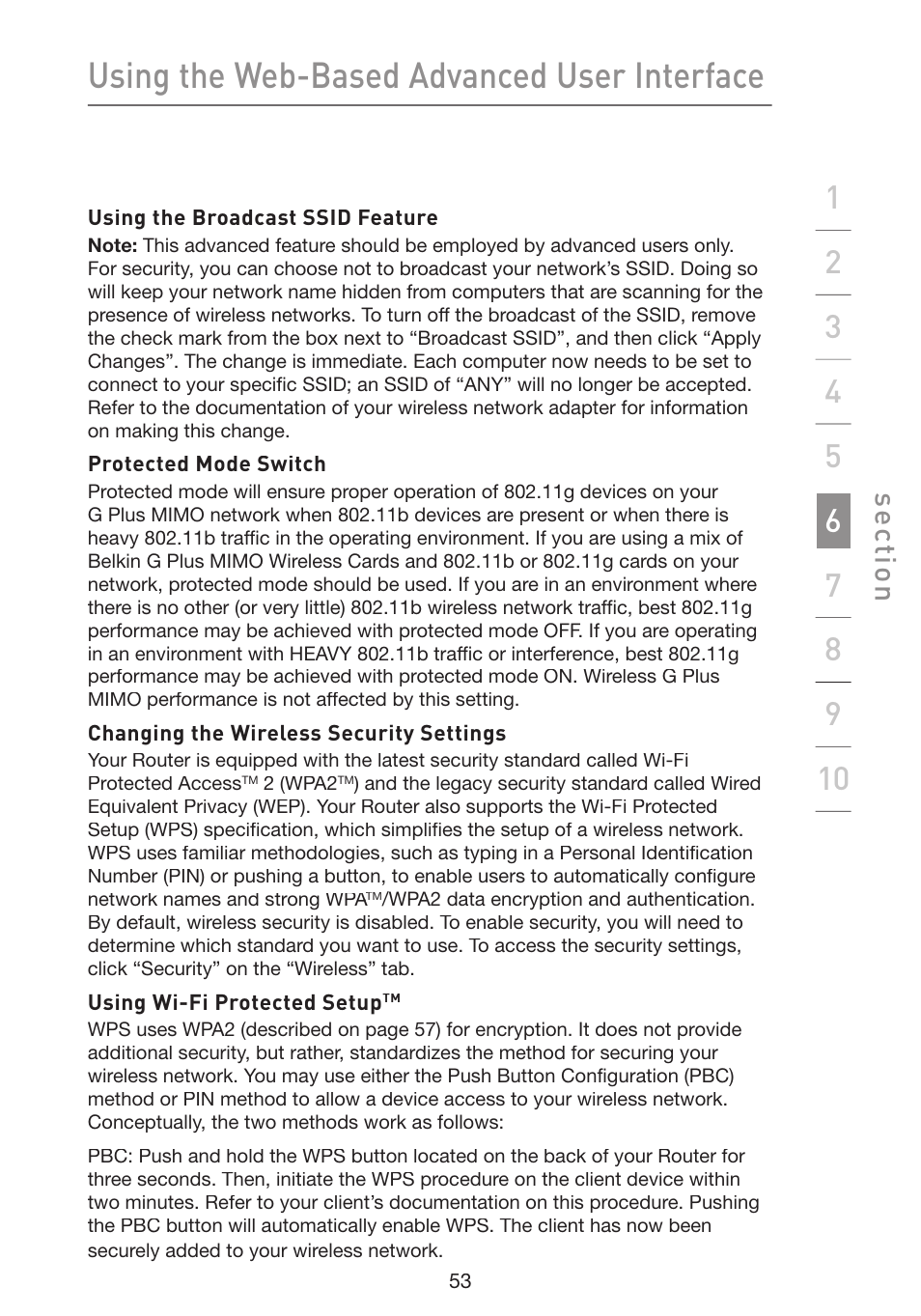 Using the web-based advanced user interface, Se ct io n | Belkin Wireless G Plus MIMO Router F5D9230-4 User Manual | Page 57 / 120