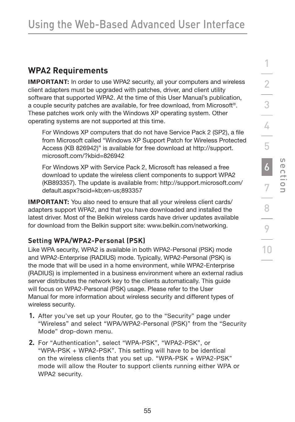 Using the web-based advanced user interface, Se ct io n | Belkin Wireless G Plus MIMO Router F5D9230-4 User Manual | Page 59 / 120