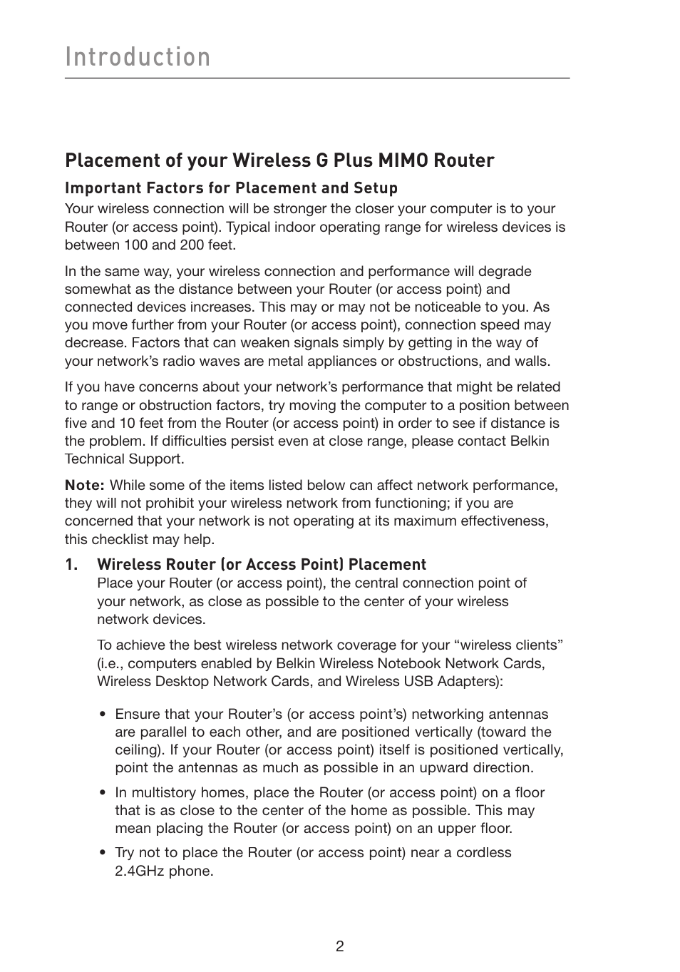 Introduction, Placement of your wireless g plus mimo router | Belkin Wireless G Plus MIMO Router F5D9230-4 User Manual | Page 6 / 120