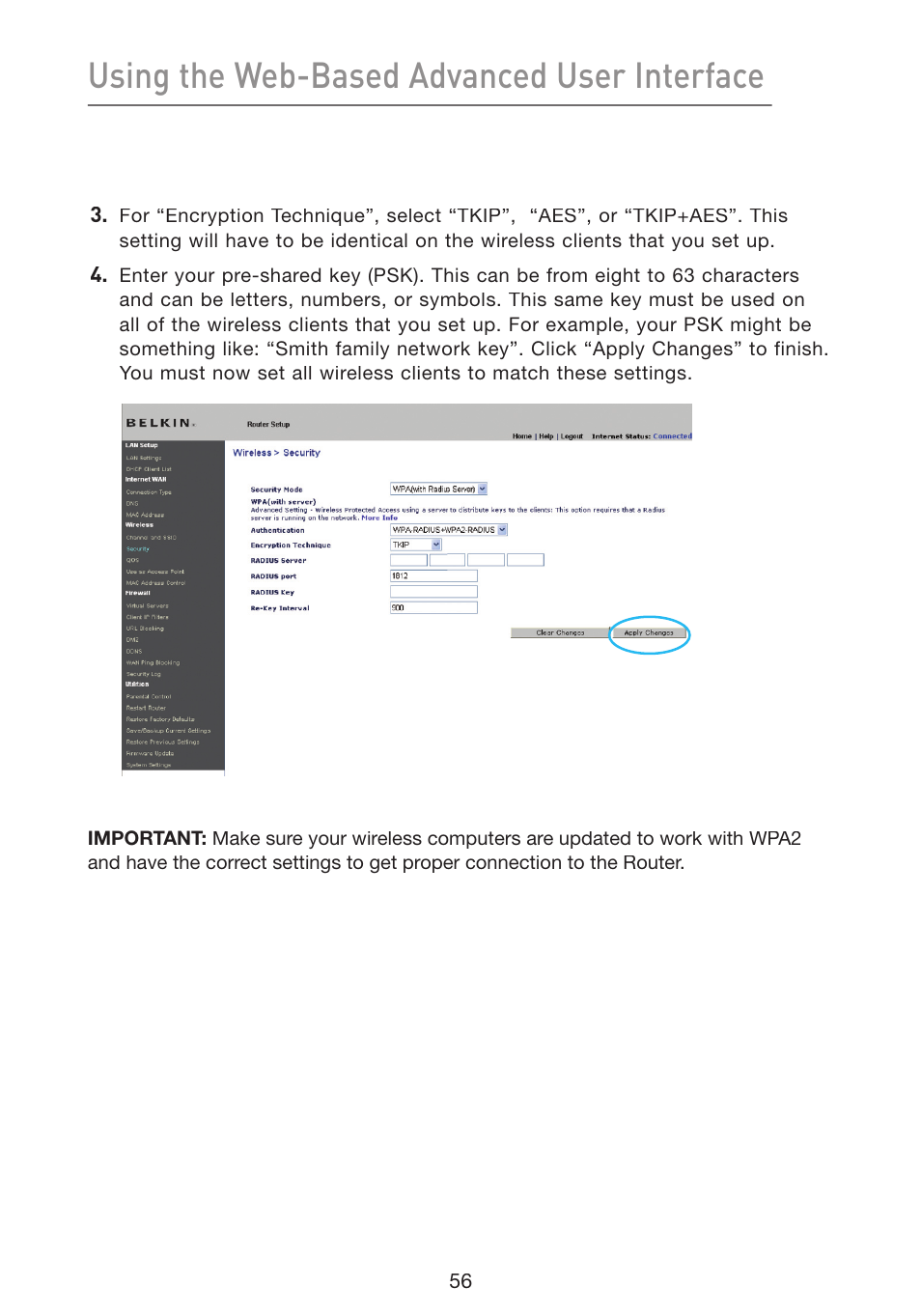 Using the web-based advanced user interface | Belkin Wireless G Plus MIMO Router F5D9230-4 User Manual | Page 60 / 120