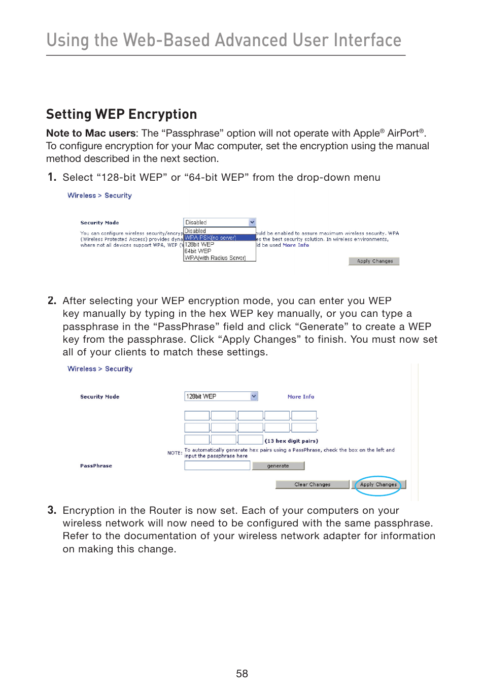 Using the web-based advanced user interface, Setting wep encryption | Belkin Wireless G Plus MIMO Router F5D9230-4 User Manual | Page 62 / 120