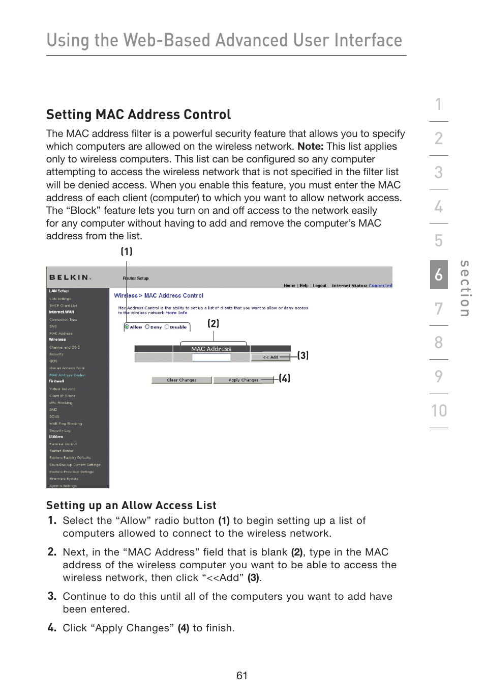 Using the web-based advanced user interface, Se ct io n | Belkin Wireless G Plus MIMO Router F5D9230-4 User Manual | Page 65 / 120